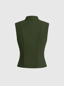 ROMWE Summer Vacation Y2K Hot Girl Metallic Airplane Buckle Slim Fit Stand Collar Open Front Tank Top - Army Green - View 6