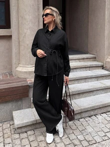 SHEIN 孕婦上衣與牛仔褲2件套秋季女裝 秋冬 正式商務 時尚基本款 哥德風 萬聖節聖誕節節慶 - 黑色 - 查看 3