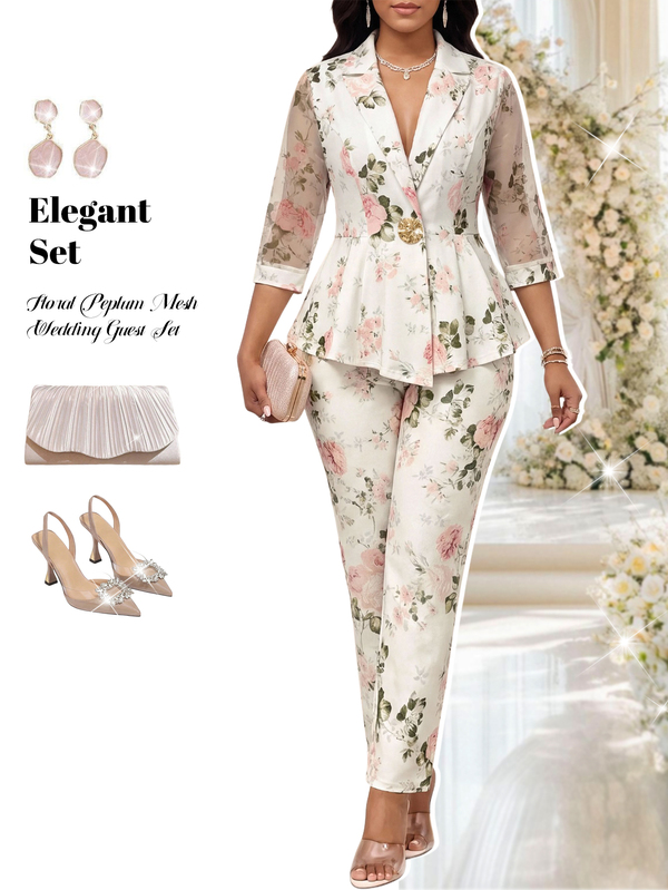 Fleurora Plus Size White Floral Print Jacket And Pants Suit Set Formal Winter Set Elegant Women's Set Work Outfits For Women Classic Modern Going Out Set