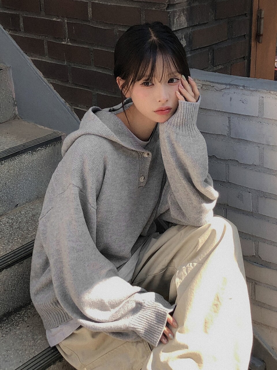 Solid Color Loose Hooded Lantern Sleeve Casual Streetwear Vacation Autumn/Winter Knit Sweater For Women