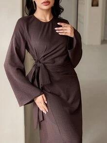 Veilorie Women's Solid Color Round Neck Long Sleeve Side Knot Long Dress - Coffee - View 3