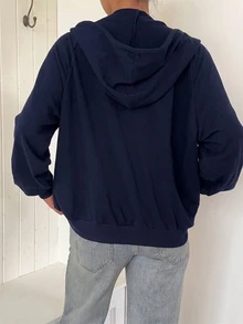 SHEIN EZwear Zip Up Raglan Sleeve Drawstring Hoodie,Long Sleeve Tops In Fall/Winter - Navy Blue - View 2
