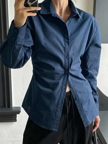 DAZY Blusa de mujer con cuello de solapa y cintura ceñida, estilo casual de negocios, nueva para otoño - Azul Marino - Ver 4
