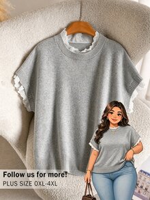 CosyJoli 大尺碼女款優雅法式休閒拼接蕾絲針織背心毛衣上衣，秋冬款 - 灰色 - 查看 4