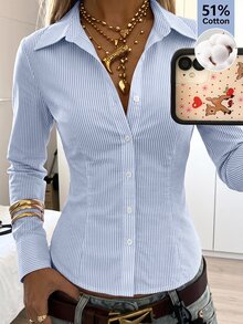 SHEIN EZwear 藍白條紋交叉繫腰女款襯衫 辦公商務 秋季休閒 - 藍色 - 查看 8