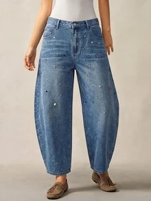 Bohemela Plus Size Women's Pocket Rhinestone Curved Leg Casual Denim Jeans Fall Clothes For Women - Medium Wash - View 1