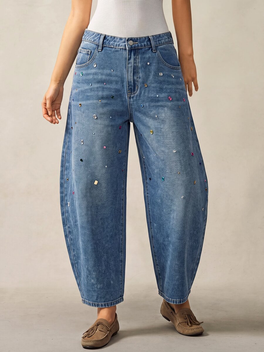 Bohemela Plus Size Women's Pocket Rhinestone Curved Leg Casual Denim Jeans Fall Clothes For Women - Medium Wash - View 1
