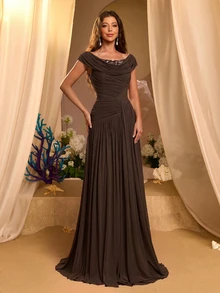 Glamrae Elegant Romantic Beaded Sequin Patchwork Elastic Knit Mesh Ruched Cowl Neck Flared Evening Gown Wedding Gala Dinner Prom Vacation Ball Festival Fall - Brown - View 7