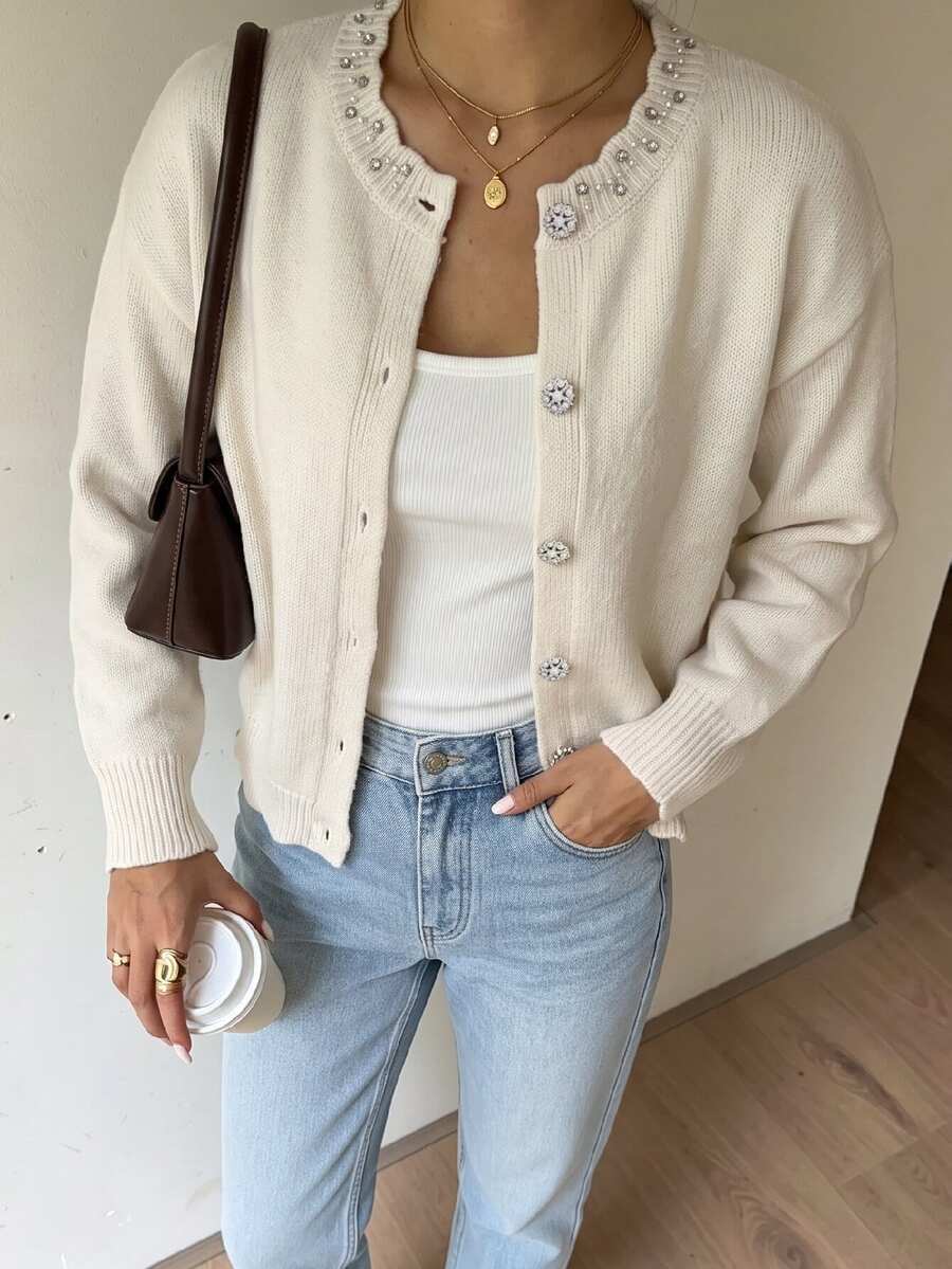 SHEIN Women's French Elegant Mature Style Rhinestone Decorated Lace Trim Rhinestone Button Round Neck Knit Cardigan, Versatile For Commuting And Outings - Apricot - View 1