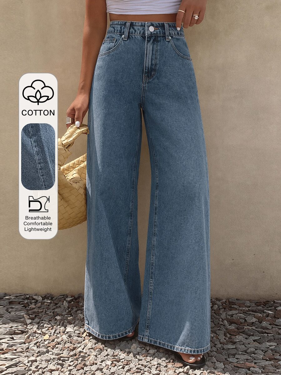 Livesso Tall Women's Loose Straight Leg Vacation Style Jeans - Medium Wash - View 1
