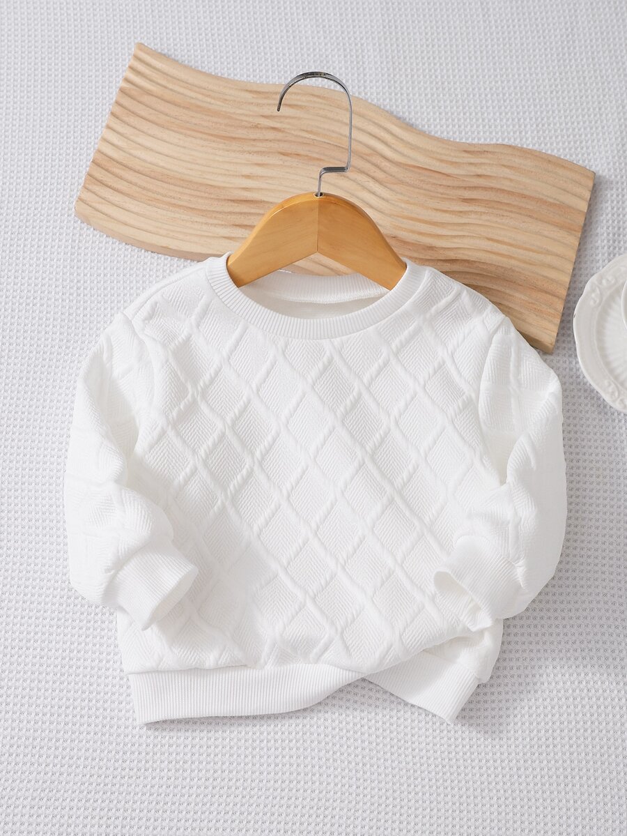 SHEIN Sweatshirt Lengan Panjang Leher Bulat Bertekstur untuk Bayi Laki-laki, Kasual Serbaguna, Cocok untuk Musim Gugur/Dingin - Putih - View 1