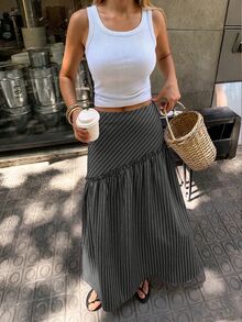 Siren Gaze Vacation Casual Striped A-Line Long Skirt - Dark Grey - View 4