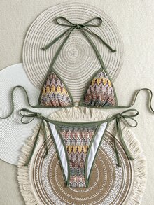 SHEIN Swim Mod طقم بيكيني نسائي مثير من قماش الجاكار بتصميم حمالة الرقبة مناسب للشاطئ والعطلات والحفلات - أخضر عسكري - مشاهدة 6