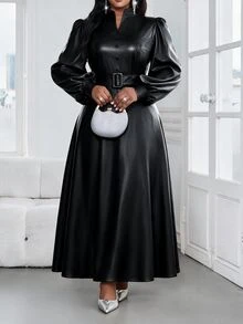 SHEIN Lady 大尺碼女款純色缺口V領燈籠袖優雅洋裝 - 黑色 - 查看 4