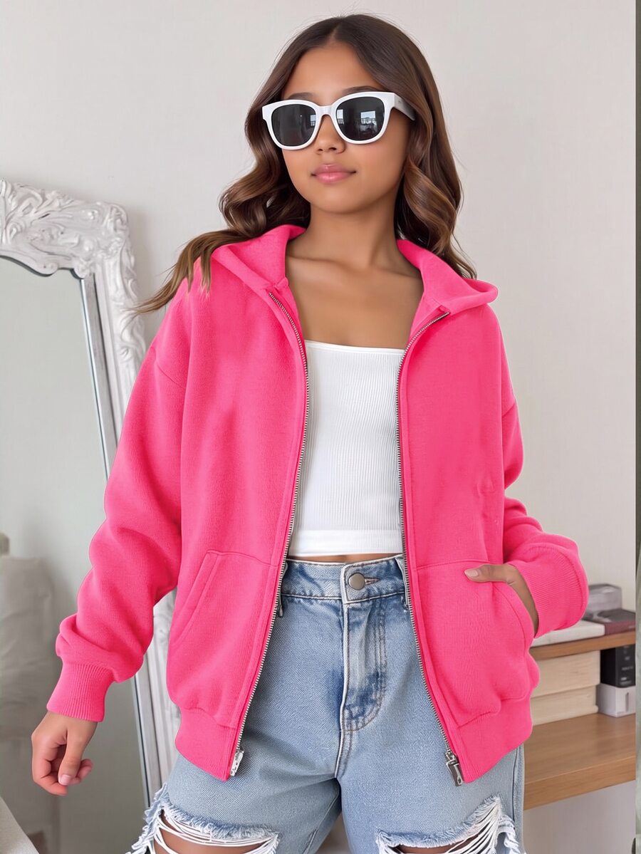 SHEIN 青少年女孩秋冬休閒連帽開襟外套 - 玫紅色 - 查看 1