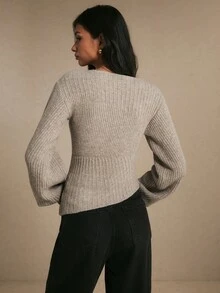 Poéselle Women's Elegant Khaki Ribbed Jacquard Asymmetrical Hem Warm Sweater, Fall Winter Knit Top For Work, Dating, Vacation, Party & Holiday Outfits - Khaki - View 4