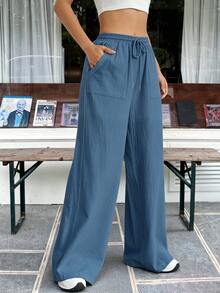 SHEIN EZwear 休閒寬鬆藍色梭織長褲 - 藍色 - 查看 7