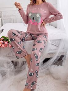 SweetSlumber Cute Koala Girl Autumn Long Sleeve Long Pants Women's Pajama Set - Dusty Pink - View 5