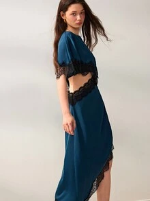 Willow Rêve Women's Green Batwing Sleeve Waist Cutout Contrast Lace Asymmetrical Hem Midi Dress - Green - View 6