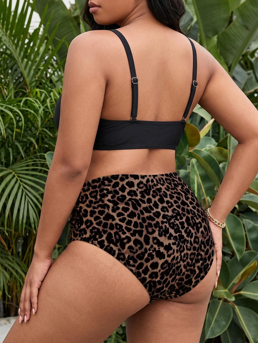 Swim Vcay Plus Size Leopard Print High Waist Swimwear Bottoms - Multicolor - View 1