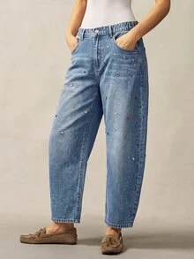 Bohemela Plus Size Women's Pocket Rhinestone Curved Leg Casual Denim Jeans Fall Clothes For Women - Medium Wash - View 6