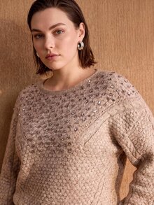 MOTF PREMIUM PLUS SIZE WOMEN'S SEQUIN EMBROIDERED PULLOVER SWEATER, AUTUMN/WINTER - Khaki - View 2