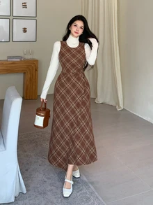 DAZY Slim Fit Flattering Plaid Wool Blend Mid-Length Dress For Women - Coffee Brown - View 3