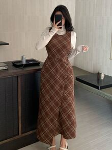 DAZY Slim Fit Flattering Plaid Wool Blend Mid-Length Dress For Women - Coffee Brown - View 7