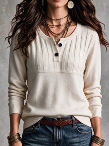 SHEIN 優雅米色羅紋針織長袖上衣，復古半鈕扣亨利領，通勤外套內搭針織衫 - 米色 - 查看 4