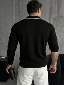 DAZY 男士春秋黑色針織 Polo 領上衣，白色對比飾邊 - 黑色 - 查看 2