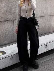 FRIFUL Celana Jeans Denim Kasual Wanita dengan Saku Motif Silang dan Hem Melengkung - Hitam - View 6