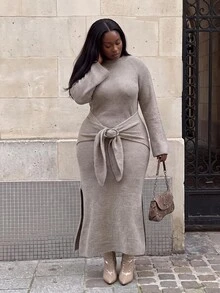 Slaydiva Plus Size Autumn/Winter Fashion Knotted Side Slit Knit Dress - Coffee Brown - View 7