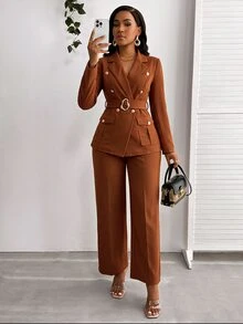 SHEIN Lady Women's Solid Color Lapel Neck Double-Breasted Jacket And Pants Suit Set - Brown - View 4
