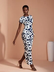 JIAN LASALA Multi Floral Print Short Batwing Sleeve Back Slit Long Dress Vacation Party Casual - Multicolor - View 4