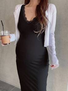 DAZY Solid Color Slim Fit Long Sleeve V-Neck Lace Trim Elegant Sexy Vacation Daily Spring Autumn Maternity Dress - Black - View 5