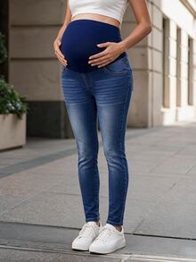 SHEIN Quần jeans denim ôm co giãn cho bà bầu - Rửa tối - Xem 8