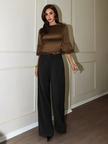 Allurite Autumn Bell Sleeve Satin Patchwork Lace Trim Asymmetrical Hem Top Dinner Dark Brown Elegant - Coffee Brown - View 3