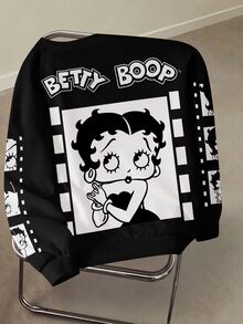 Betty Boop x SHEIN 女款字母卡通圖案休閒日常長袖運動衫 - 白色 - 查看 1
