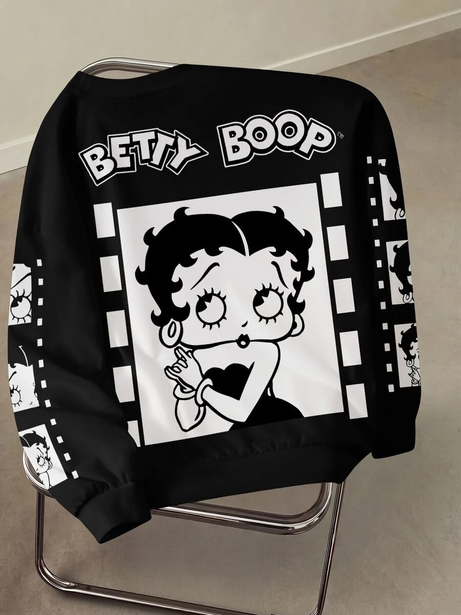 Betty Boop x SHEIN 女款字母卡通圖案休閒日常長袖運動衫 - 白色 - 查看 1