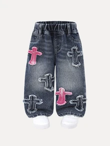 SHEIN 女嬰幼女小女孩 2025 秋冬新款寬腿牛仔褲，可愛愛心刺繡直筒牛仔褲，復古做舊黑色，刺繡愛心圖案，鬆緊腰設計，舒適純棉，適合上學/通勤 - 中等水洗藍 - 查看 7