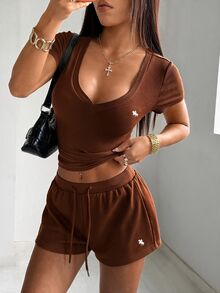 SHEIN EZwear 棕色刺繡針織運動服套裝，四季皆宜，適合室內穿著 - 棕色 - 查看 4