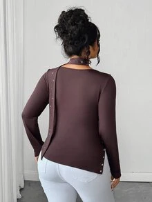 Elenzga Plus Size Maillard Brown Sexy Cold Shoulder Top With Rhinestone Ribbon Scarf, Elastic Slim Fit Slit Long Sleeve Base Layer Fall - Brown - View 2
