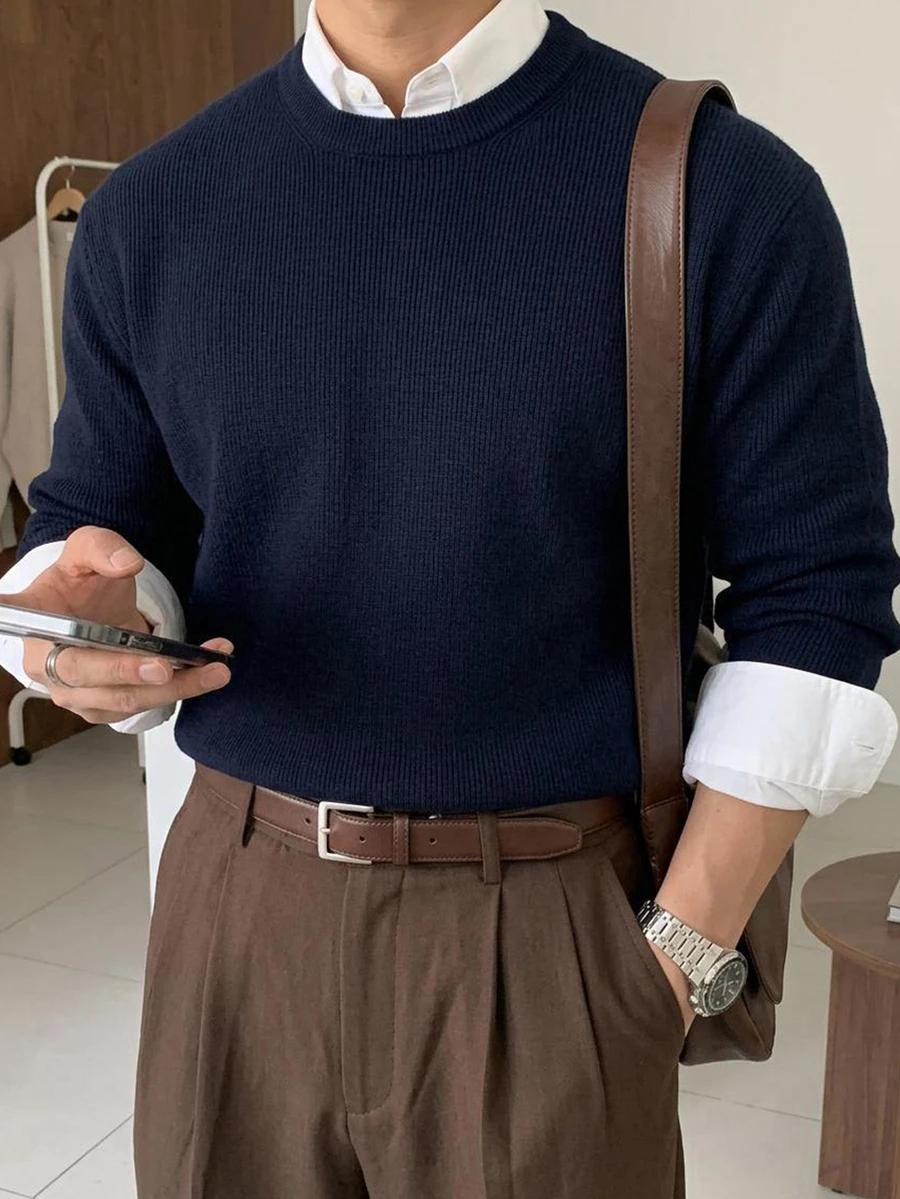 DAZY Spring/Autumn Navy Blue Long Sleeve Crew Neck Loose Fit Men's Sweater - Navy Blue - View 1