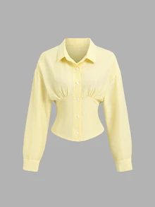 Sweetra Women's Yellow Casual Sweet Striped Collared Waist-Cinching Slim Fit Commute Long Sleeve Button-Down Blouse - Yellow - View 3