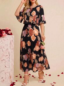 Amorya 女款優雅派對花卉印花百褶洋裝 - 黑色 - 查看 6