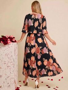 Amorya 女款優雅派對花卉印花百褶洋裝 - 黑色 - 查看 2