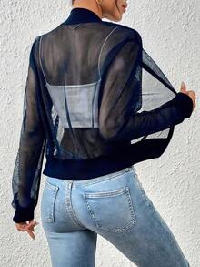 GlowEve Women's Mesh Hollow-Out Short Open-Front Casual Commuter Jacket - Navy Blue - View 2