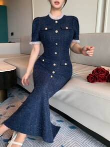 DAZY Gaun Panjang Ekstra Elegan Wanita dengan Kerah Tegak, Lengan Pendek Mengembang, dan Desain Kancing Logam - Navy Blue - View 3