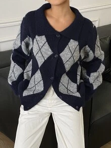DAZY Women's Autumn Loose Fit Long Sleeve Argyle Pattern Navy & Grey Contrast Color Vintage Style Cardigan Sweater - Royal Blue - View 7