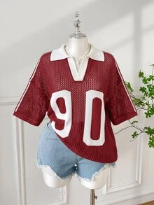 SHEIN EZwear 大尺碼女款數位印花落肩針織鏤空上衣 - 紅色 - 查看 3
